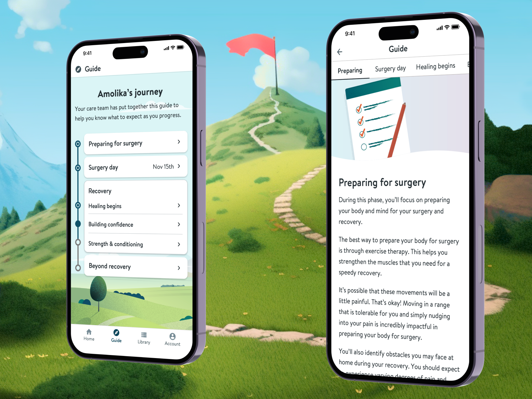 surgery patient mobile app screens against a symbolic background of a mountain trail