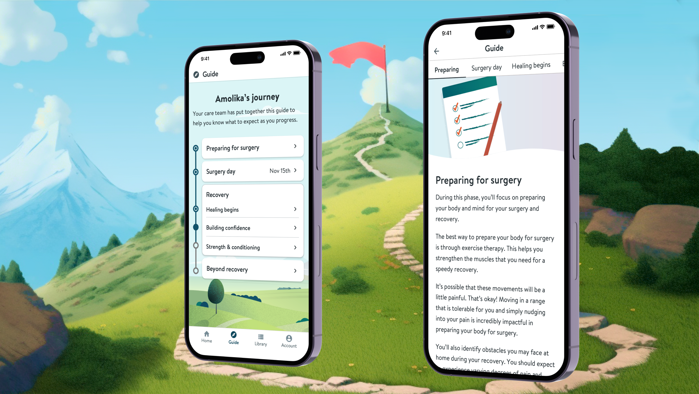 surgery patient mobile app screens against a symbolic background of a mountain trail